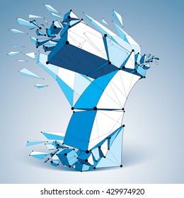 Abstract 3d faceted blue number 7 with connected black lines and dots. Vector low poly shattered design element with fragments and particles. Explosion effect, thread.