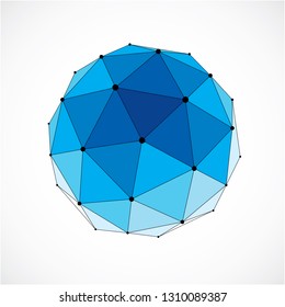 Abstract 3d faceted figure with connected black lines and dots. Blue vector low poly design element, cybernetic orb shape with grid and lines mesh.