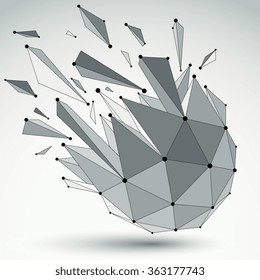 Abstract 3d faceted figure with connected black lines and dots. Vector low poly shattered design element with fragments and particles. Explosion effect.
