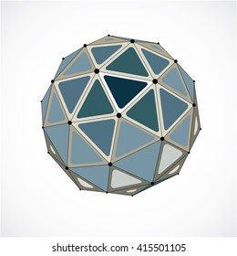 Abstract 3d faceted figure with connected black lines and dots. Monochrome vector low poly design element, cybernetic orb shape with grid and lines mesh.