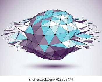 Abstract 3d faceted figure with connected black lines and dots. Vector blue low poly shattered design element with fragments and particles. Explosion effect.