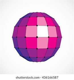 Abstract 3d faceted figure with connected black lines and dots. Vector low poly purple design element created with squares. Cybernetic orb shape with grid and lines mesh.