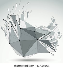Abstract 3d faceted figure with connected black lines and dots. Vector low poly shattered design element with fragments and particles. Explosion effect.