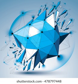 Abstract 3d faceted figure with connected black lines and dots. Vector blue low poly shattered design element with fragments and particles. Explosion effect.