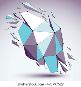 Abstract 3d faceted figure with connected black lines and dots. Vector blue low poly shattered design element with fragments and particles. Explosion effect.