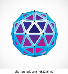 Abstract 3d faceted figure with connected black lines and dots. Blue vector low poly design element, cybernetic orb shape with grid and lines mesh.