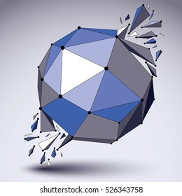 Abstract 3d faceted figure with connected black lines and dots. Vector blue low poly shattered design element with fragments and particles. Explosion effect.