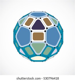Abstract 3d faceted figure with connected black lines and dots. Vector low poly colorful design element created with squares and pentagons. Cybernetic orb shape with grid and lines mesh.