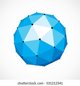 Abstract 3d faceted figure with connected black lines and dots. Blue vector low poly design element, cybernetic orb shape with grid and lines mesh.