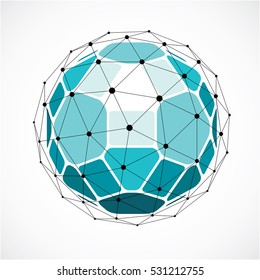 Abstract 3d faceted figure with connected black lines and dots. Green vector low poly design element, cybernetic orb shape with grid and lines mesh.