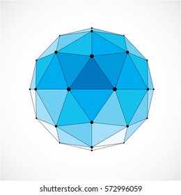 Abstract 3d faceted figure with connected black lines and dots. Blue vector low poly design element, cybernetic orb shape with grid and lines mesh.