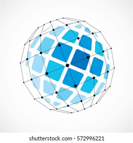 Abstract 3d faceted figure with connected black lines and dots. Vector low poly blue design element created with squares. Cybernetic orb shape with grid and lines mesh.