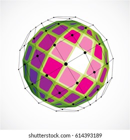 Abstract 3d faceted figure with connected black lines and dots. Vector low poly green design element created with squares. Cybernetic orb shape with grid and lines mesh.