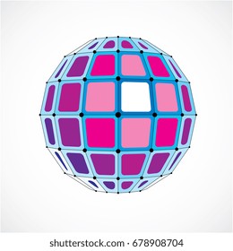 Abstract 3d faceted figure with connected black lines and dots. Vector low poly purple design element created with squares. Cybernetic orb shape with grid and lines mesh.