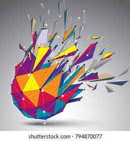 Abstract 3d faceted figure with connected lines and dots. Vector low poly shattered design element with fragments and particles. Explosion effect.