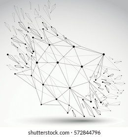 Abstract 3d faceted grayscale figure with connected black lines and dots. Vector low poly shattered design element with fragments and particles. Explosion effect.