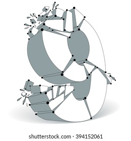 Abstract 3d faceted monochrome number 9 with connected black lines and dots. Vector low poly shattered design element with fragments and particles. Explosion effect, thread object.