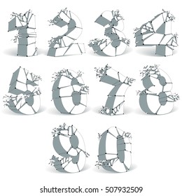 Abstract 3d faceted monochrome numbers with connected black lines and dots. Set of vector low poly shattered design elements with fragments and particles. Explosion effect, thread objects.