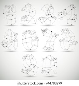 Abstract 3d faceted monochrome numbers with connected black lines and dots. Set of vector low poly shattered design elements with fragments and particles. Explosion effect, thread objects.