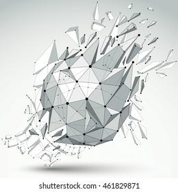 Abstrakte 3D-facettierte kugelförmige Figur mit verbundenen schwarzen Linien und Punkten. Vektor-Low-Poly-zersplittertes Design-Element mit Fragmenten und Teilchen. Explosionswirkung.