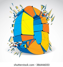 Abstract 3d faceted zero number with connected black lines and dots. Vector low poly shattered design element with fragments and particles. Explosion effect, thread object.