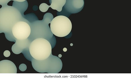 Abstract 3d fluid metaball shape with light green balls. Synthwave liquid pastel organic droplets with gradient color.