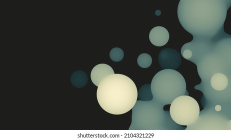 Abstract 3d fluid metaball shape with light green balls. Synthwave liquid pastel organic droplets with gradient color.