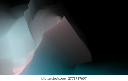 Abstract 3D fluid wave background with cyan and pink gradients. Elegant dark wallpaper with glowing blue and red highlights. Contemporary 3D geometric art with smooth color transitions
