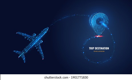 Abstract 3d flying airplane and location pin icon. Trip destination, aircraft flight route concept. Vector illustration in dark blue. Digital low poly wireframe with dots, lines and glowing stars