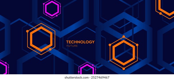 Resumo 3D Futurismo Tech Hexagon Cyberspace Design para Mídias Sociais, Aplicativos Móveis, Cartões, Convites, Bandeiras. Sistema de Ciberespaço de Rede de Alta Tecnologia em Segundo Plano na Ilustração de Vetor.