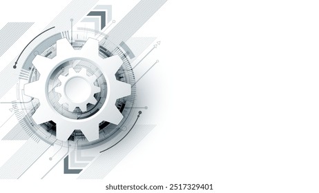 Abstractas engranaje 3D con circuitos digitales y flechas sobre un fondo blanco y espacio de copia. Concepto de tecnología futurista para ingeniería mecánica y diseño de innovación.