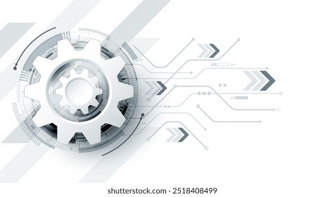 Abstract 3D gear with digital circuits and arrows on a white background and copy space. Futuristic technology concept for mechanical engineering and innovation design.