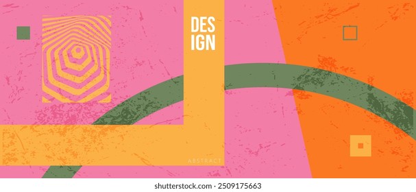 Abstract 3D Geometric Art Style for School, Juice, Party. Retro Background Design with Squares, Triangles, Circles, Lines. Templates for Advertising, Web, Social Media, Print, Posters, Ads, Covers. 