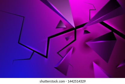 Abstract 3d geometric background. explosion power design with crushing surface purple light triangles. Modern vector design template for use wallpaper, cover, banner, flyer, website, advertising