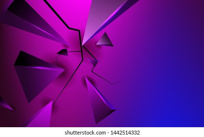 Abstract 3d geometric background. explosion power design with crushing surface purple light triangles. Modern vector design template for use wallpaper, cover, banner, flyer, website, advertising