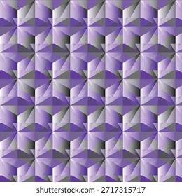 Fundo geométrico 3D abstrato com polígonos roxos e cinzentos formando um losango e textura de grade estelar com profundidade.