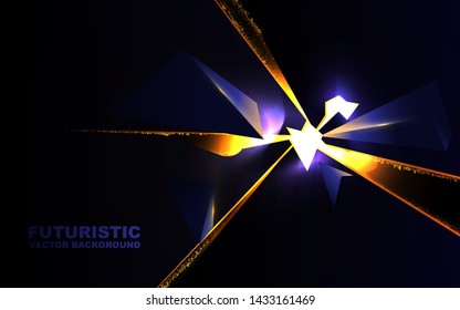 Abstract 3d geometric background with triangles and glitters golden light. Explosion power design with crushing surface concept. Design vector template for use element cover, wallpaper, poster, banner