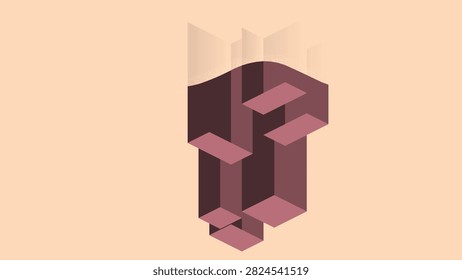 Abstract 3D geometric folded block structure in shades of mauve and plum on a pastel peach background
