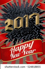 Abstract 3D geometric isometric pop art style on shining red gold graphic background for happy new year celebration