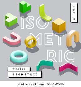 Abstract 3D geometric isometric vector shape – torus, cube, tube, arch, corner.