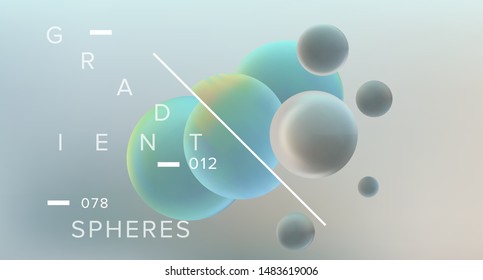 Abstract 3D Geometric Minimal Background with Floating Glowing Gradient Spheres. Futuristic Scientific Technology Landing Page, Cover or Poster Template with Subatomic Particles, Molecules.