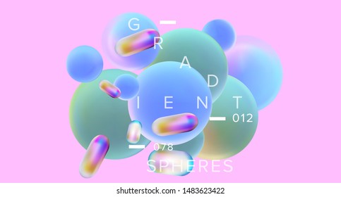 Abstract 3D Geometric Minimal Background with Floating Holographic Gradient Spheres. Futuristic Vaporwave Style Landing Page, Cover or Poster Template with Subatomic Particles, Molecules.