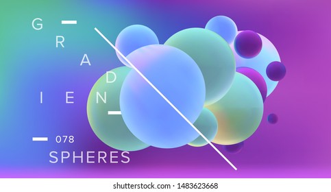 Abstract 3D Geometric Minimal Background with Floating Holographic Gradient Spheres. Futuristic Vaporwave Style Landing Page, Cover or Poster Template with Subatomic Particles, Molecules.
