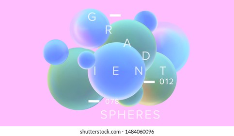 Abstract 3D Geometric Minimal Background with Floating Holographic Gradient Spheres. Futuristic Vaporwave Style Landing Page, Cover or Poster Template with Subatomic Particles, Molecules.