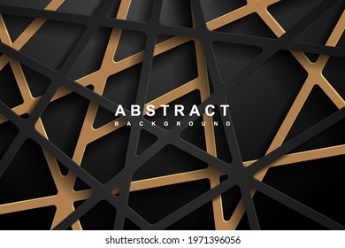 Abstract 3d Geometric paper cut background with dark black and gold colors. Abstract realistic paper cut decoration pattern.