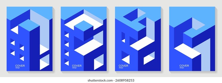 Abstract 3d geometric poster background vector set. Blue minimalist style cover template with 3d shapes. Modern architectural illustration for cover design, social media, banner, flyer, catalog, ads.