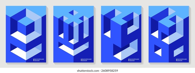 Abstract 3d geometric poster background vector set. Blue minimalist style cover template with 3d shapes. Modern architectural illustration for cover design, social media, banner, flyer, catalog, ads.