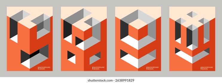 Abstract 3d geometric poster background vector set. Vintage pastel color minimalist style cover template with 3d shapes. Modern architectural illustration for cover design, social media, catalog, ads.