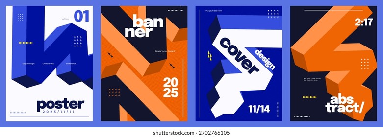 Abstract 3D Geometric Poster Set with Isometric Bold Shapes and Modern Typography Design. Creative Cover or Poster Template Design for Branding, Advertising, and Social Media Promotion