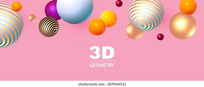 Abstract 3D geometric render background. Realistic minimal space. Flying spheres.